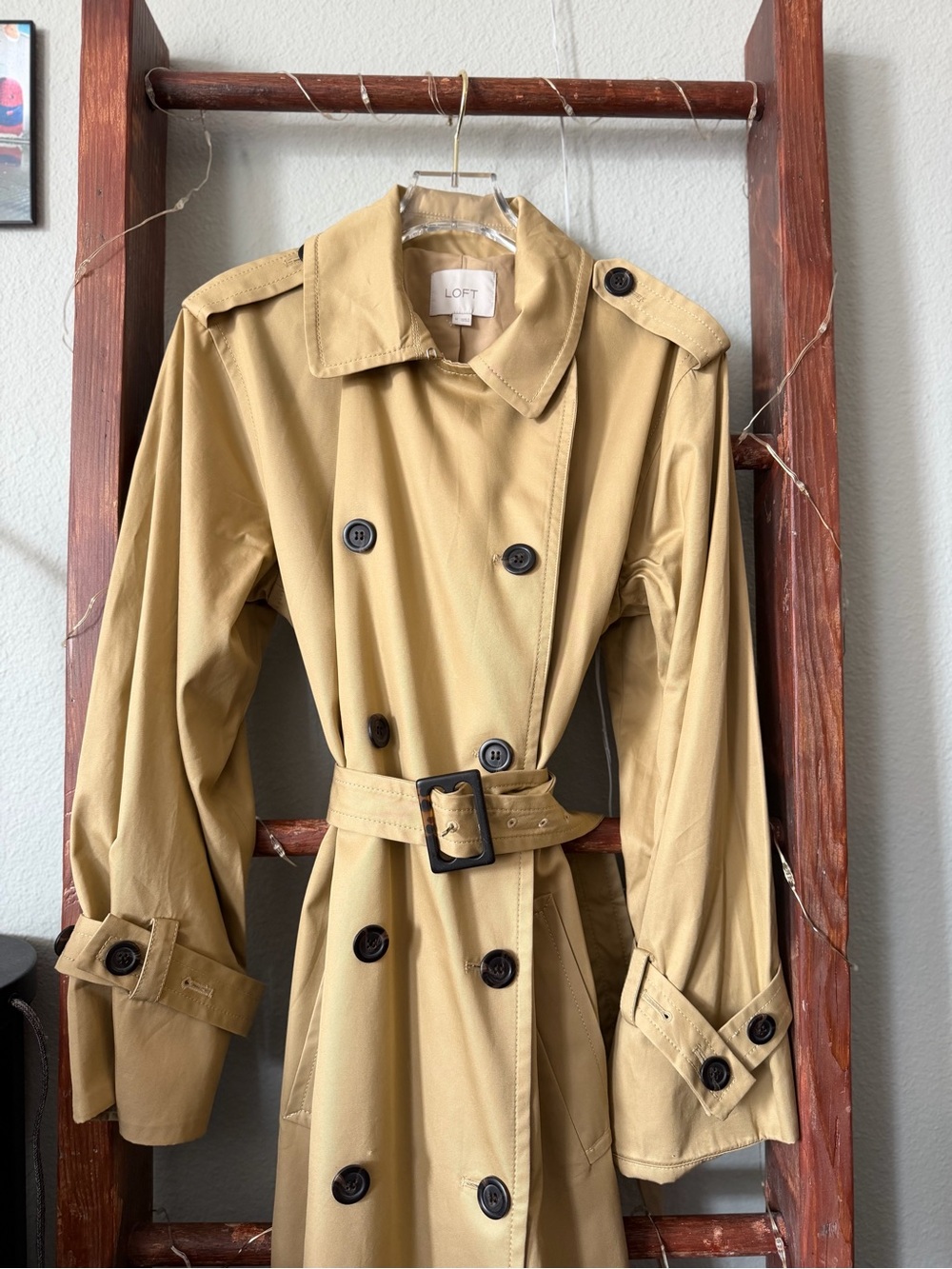 NWOT LOFT Classic Tan Trench Coat - Women's Long Double-Breasted Belted Trench - Picture 12 of 13